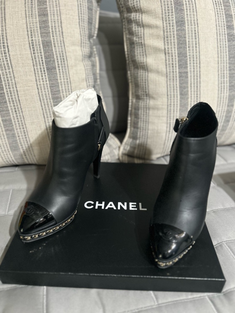 CHANEL Black Leather Peep-Toe Ankle Booties with Patent Cap Toe